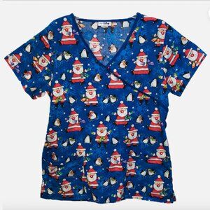 V Life Blue Santa Claus Penguin Christmas Holiday Medium Scrub Shirt Nurse Xray